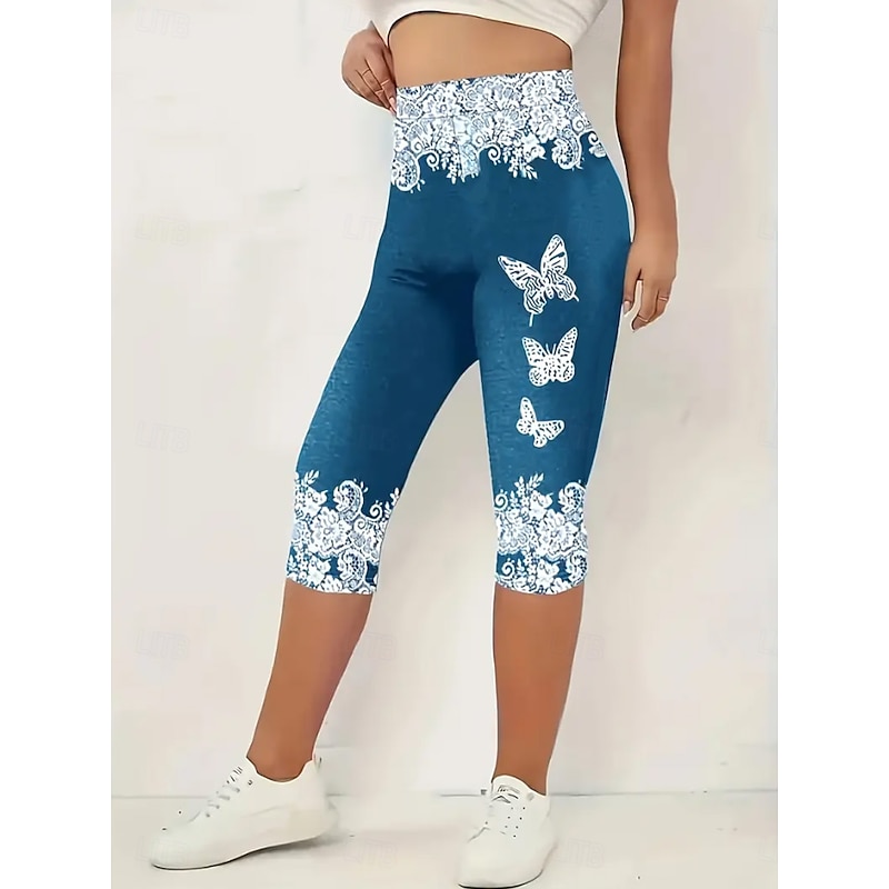Women's Leggings Capri Pants High Elasticity Vacation Fashion Hawaiian Calf-Length Mid Waist Graphic Printing Breathable Soft Stretchy Vacation Casual Daily Robin's Egg Blue Blue Summer Spring
