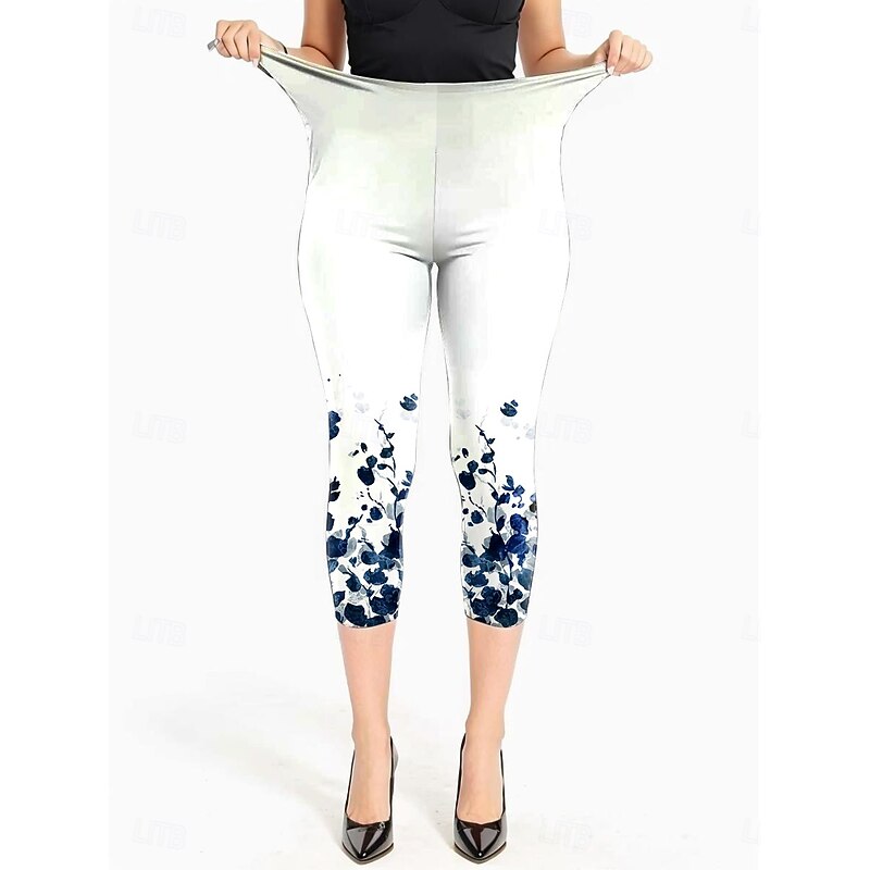 Women's Leggings Vacation Vintage Fashion Calf-Length High Waist Floral Graphic Leaf Printing Breathable Soft Stretchy Formal Outdoor Vacation Robin's Egg Blue White Pink Summer Spring Slim Fit3