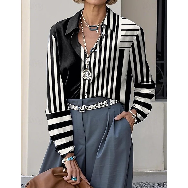 Women's Shirt Button Down Tunic Shirt Collar Long Sleeve Graphic Geometric Plaid Casual Regular Tops Work Daily s Print Black White Pink Blue Brown Spring Fall3