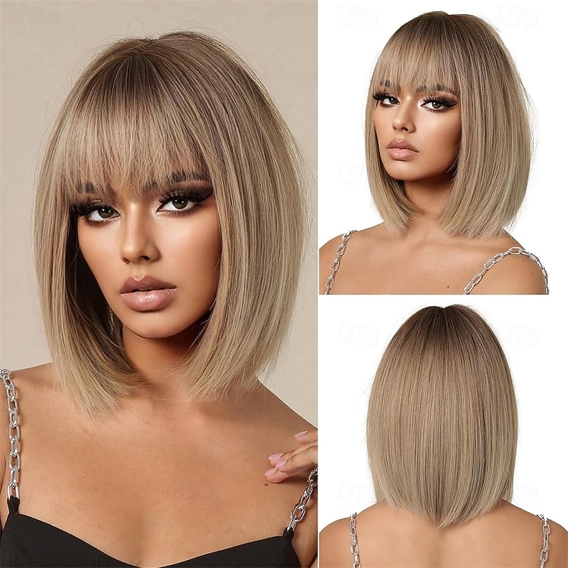Ombre Blonde Bob Wig With Bangs Short Straight Wig For Women Synthetic Hair Wigs for Daily Party Cosplay Wear