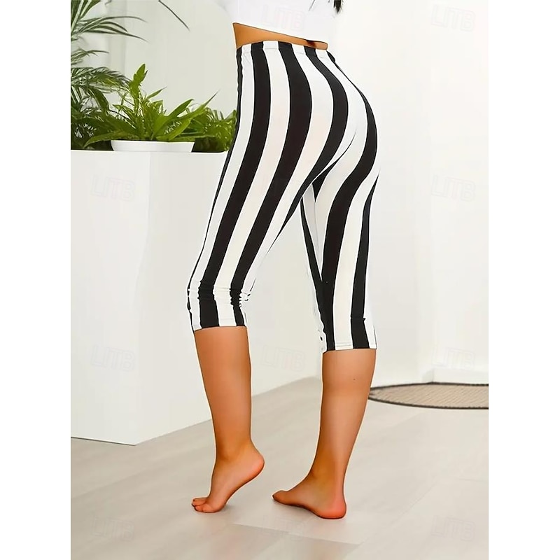 Women's Leggings Vacation Vintage Fashion Full Length Mid Waist Graphic Striped Printing Thermal Warm Breathable Soft Stretchy Outdoor Vacation Street Black Summer Spring Slim Fit2