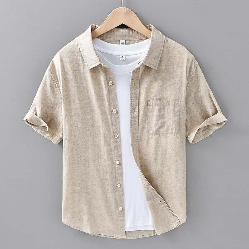 Men's Shirt Linen Shirt Casual Shirt Button Up Shirt Cotton Shirt Plain Vacation Street White Navy Blue Blue Green Short Sleeve Turndown Summer Clothing Apparel Pocket