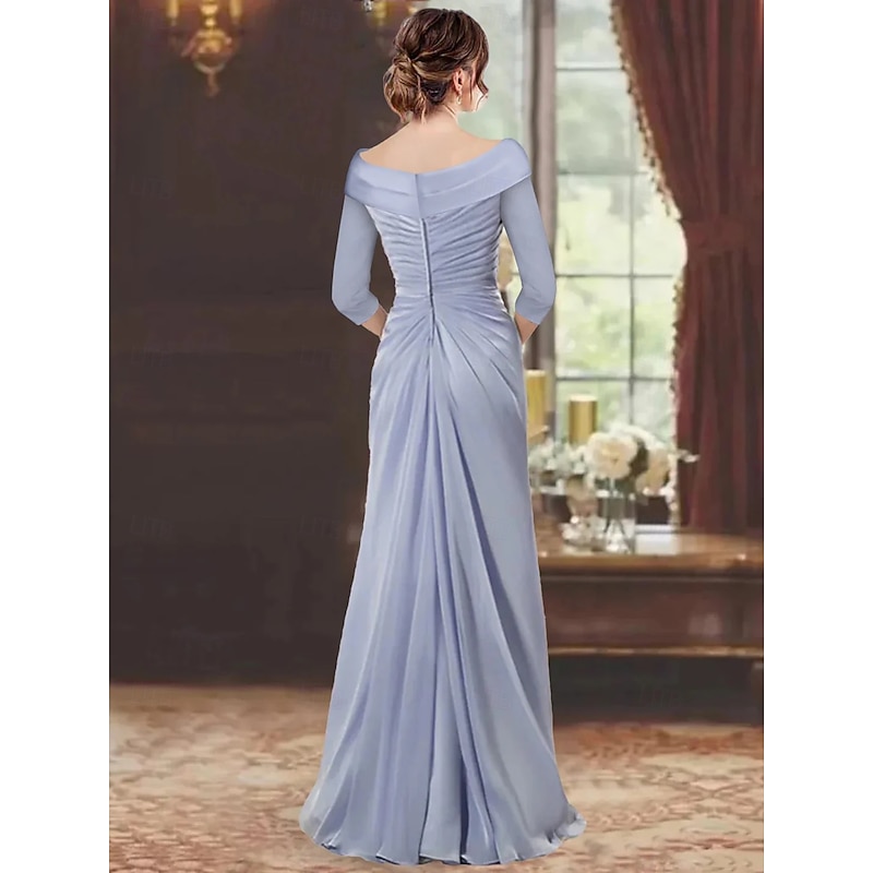 A-Line Mother of the Bride Dress Elegant V Neck Floor Length Chiffon Lace Long Sleeve with Cascading Ruffles2