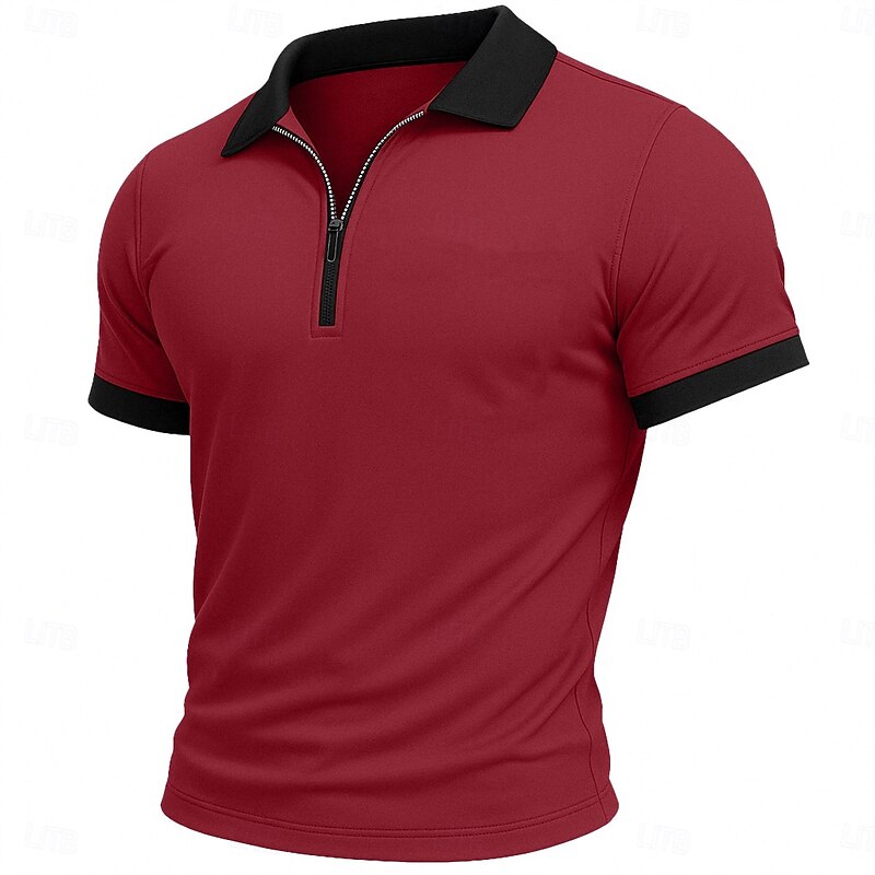 Men's Zip Polo Golf Shirt Casual Fitness Lapel Quarter Zip Short Sleeve Fashion Modern Solid Color Zipper Pocket Summer Spring All Seasons White Burgundy Navy Blue Zip Polo4