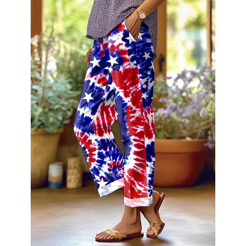 Women's Patriotic  Skinny Vacation Vintage Stylish Full Length High Waist Pants Graphic Flag Printing Breathable Soft Red Dark navy Royal Blue Summer2