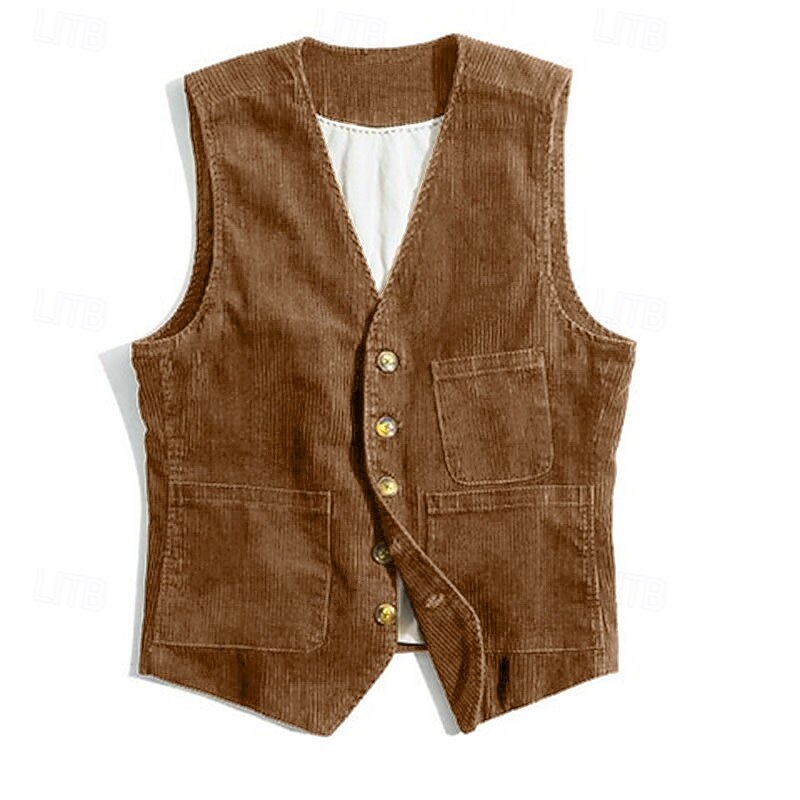 Men's Vest Daily Wear Vacation Going out Retro Vintage Spring &  Fall Button Corduroy Comfortable Solid Color Single Breasted V Neck Regular Fit Black Dark Navy Army Green Coffee Vest3