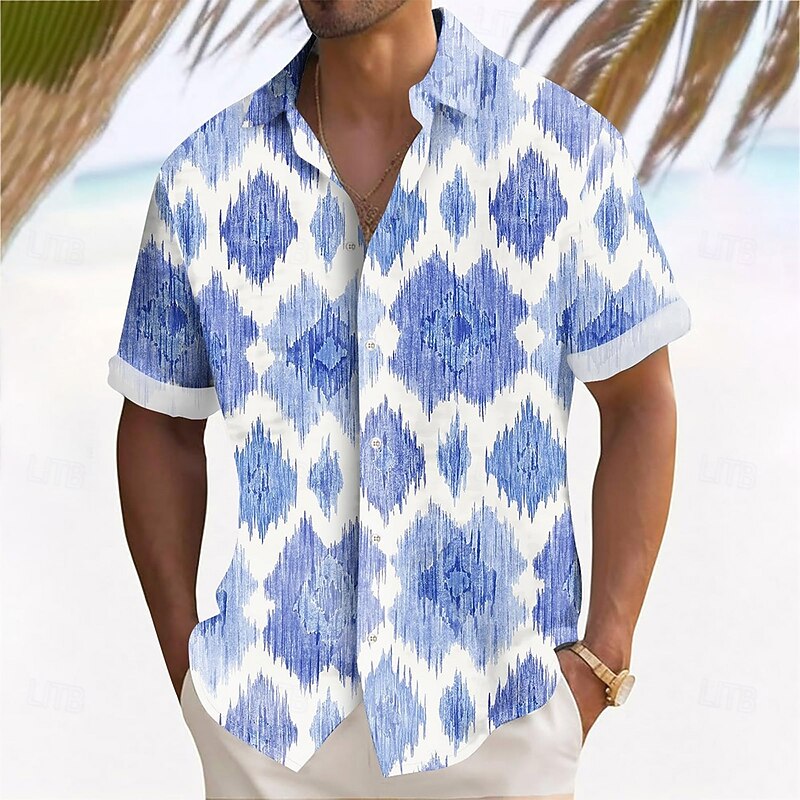 Men's Geometric Plaid / Check Shirt Summer Shirt Button Up Shirt Short Sleeve Fashion Casual Outdoor Vacation Dailywear Summer Spring Turndown 3D Print Collared Shirts Blue Purple3