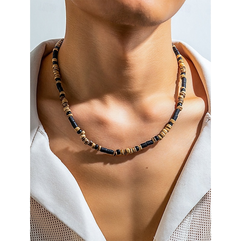 Men's Natural Beaded Necklace with Wood and Turquoise Accents – Bohemian Surf Style Jewelry for Casual Outfits, Summer Festivals and Beachwear