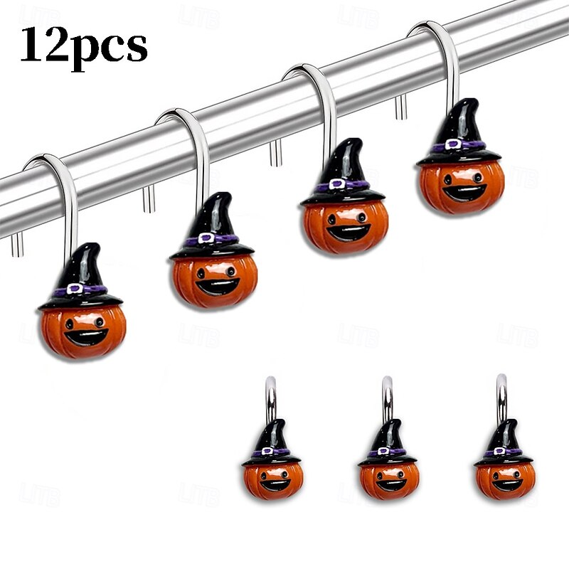 Halloween Shower Curtain Hooks for Halloween Bathroom Decor Rustproof Stainless Steel Shower Curtain Rings Hangers Set of 12, Witch Hat Pumpkin Bathroom Accessories Set4
