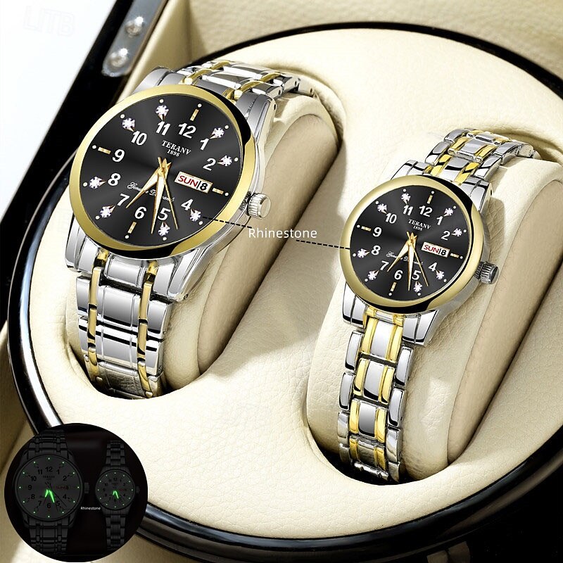 2-Piece Couple Quartz Watch Set – Round Digital Dial, IPX7 Waterproof, Luminous Hands, Dual Calendar (Date & Day), Alloy Band, Unisex Business Style, Ideal for Dating & Gifts2