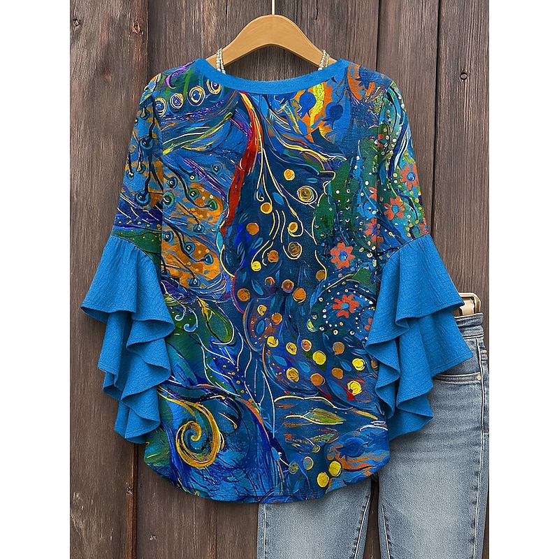 Women's Blouse V Neck Layered Ruffle Sleeve Tops Graphic Geometric Vintage Daily Stylish 3/4 Length Sleeve Regular Tops Daily Holiday Vacation Wear Print Red Blue Purple Green Summer Spring2