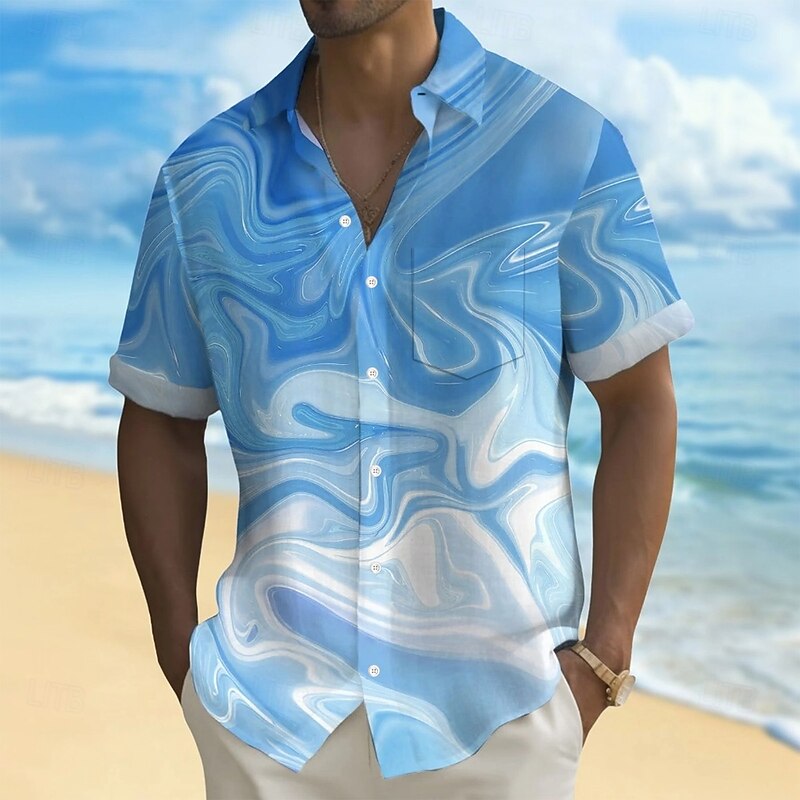 Men's Geometric Gradient Waves Shirt Summer Shirt Button Up Shirt Short Sleeve Fashion Casual Outdoor Vacation Dailywear Summer Spring Turndown 3D Print Collared Shirts Front One Pocket White Blue