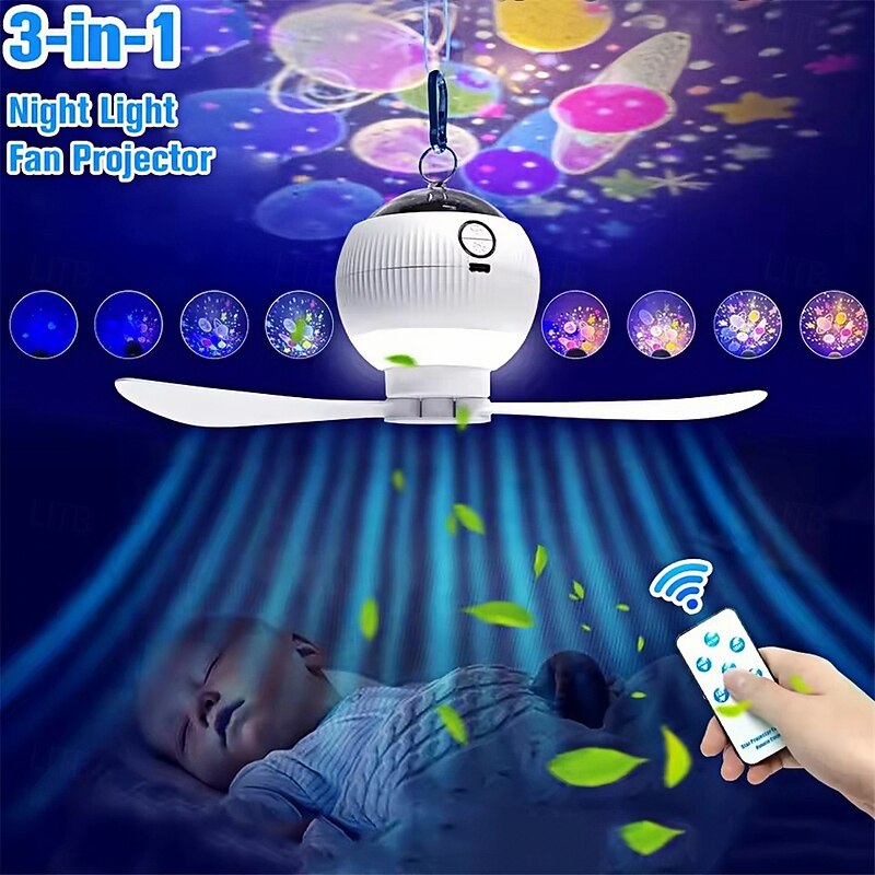 Starry Sky Projection Fan Light Multi Functional Creative Starry Sky Projection Light Room Lighting Living Room Atmosphere Light Outdoor Camping Fan Light Usb Charging  1PC