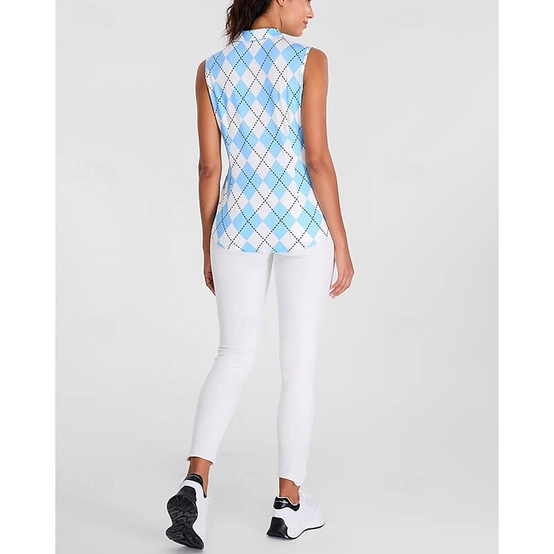 Women's Checkered Tennis Shirt Sleeveless Print UPF50+ Quick Dry Tennis Golf Outdoor Exercise Zip Collar Tee Tshirt Top Blue Tennis Clothing2