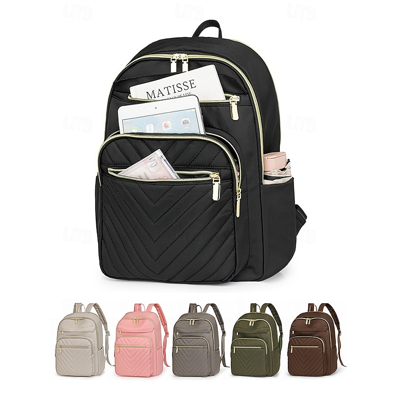 Women's Water-Repellent Nylon Travel Backpack with Quilted Front Pocket, Gold Zippers and Luggage Strap for Business, School and Weekend Trips2