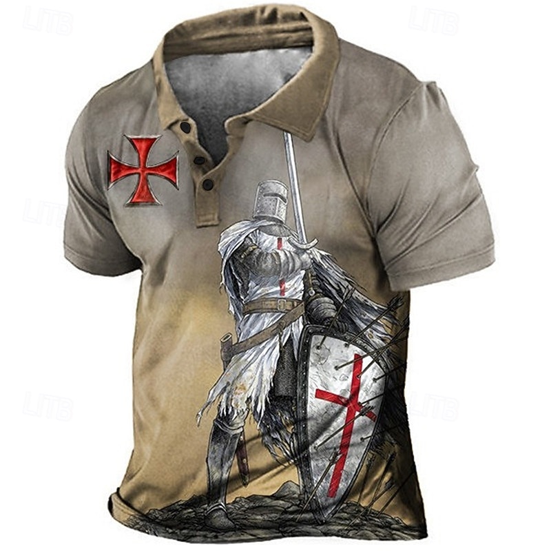Men's Knights Templar Polo Shirts Golf Shirt Short Sleeve Polo Shirts Collared Shirts Vintage Casual Vacation Wear Festival Wear Party Outfits Buttons 3D Print Blue Brown Coffee