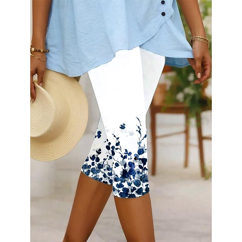 Women's Leggings Vacation Vintage Fashion Calf-Length High Waist Floral Graphic Leaf Printing Breathable Soft Stretchy Formal Outdoor Vacation Robin's Egg Blue White Pink Summer Spring Slim Fit2