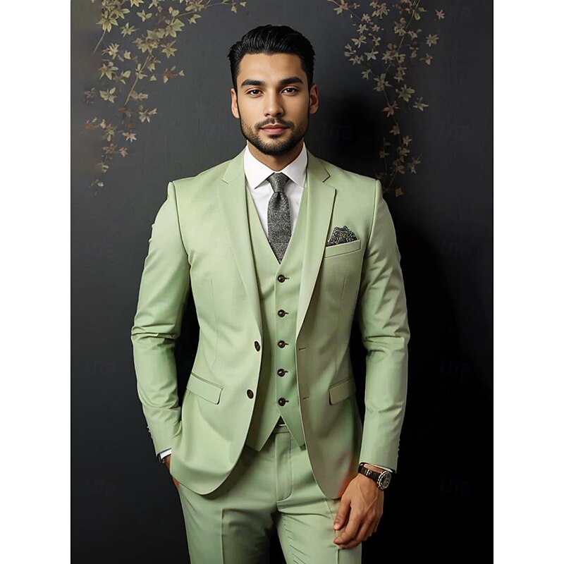Men's Wedding Business Suits Sage Summer Fashion Formal Solid Colored Standard Fit 3 Piece Single Breasted Two-buttons2