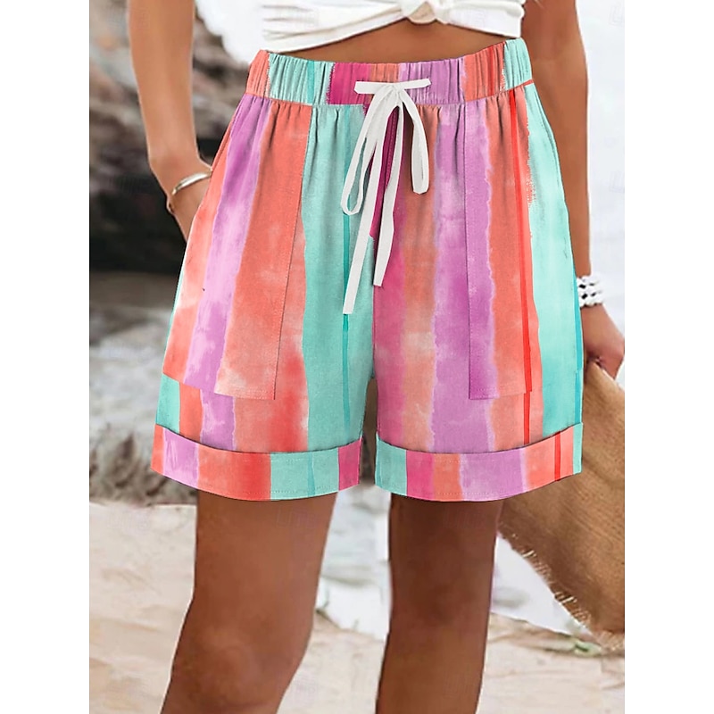 Women's Shorts Vacation Vintage Casual Short Mid Waist Graphic Striped Abstract Elastic Waist Vacation Street Violet Fuchsia Orange Summer Spring Regular Fit