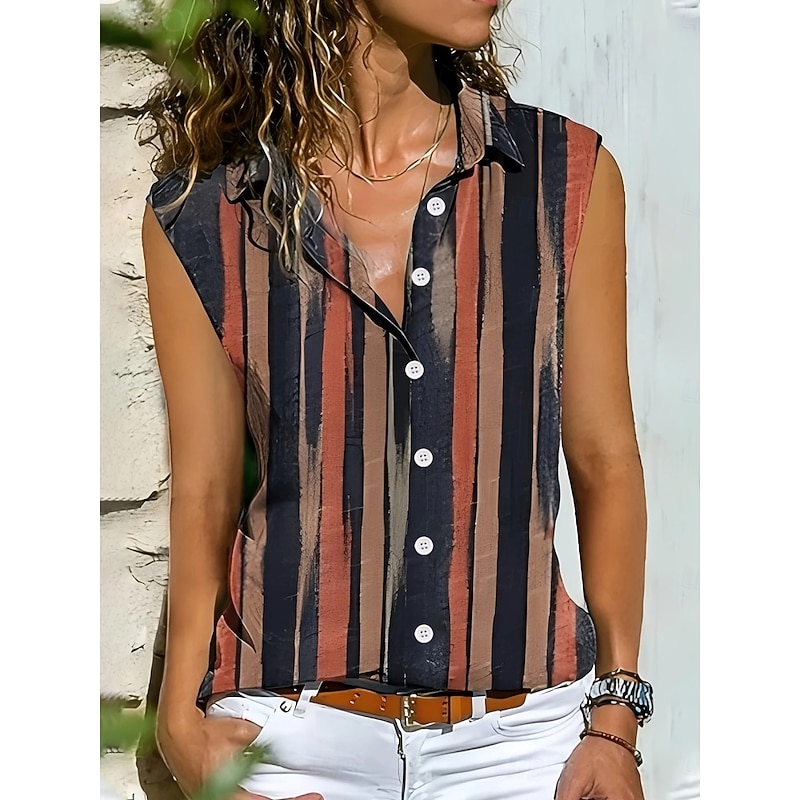 Women's Camisole Tank Top Striped Daily Casual Sleeveless V Neck Regular Tops Daily Buttons Print Yellow Red Blue Summer Spring