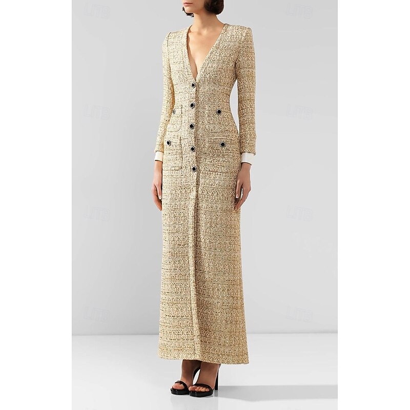 Tuxedo Dress Sheath Formal Wedding Guest Lace Elegant Simple Long Sleeve Floor Length V Neck Single Breasted3