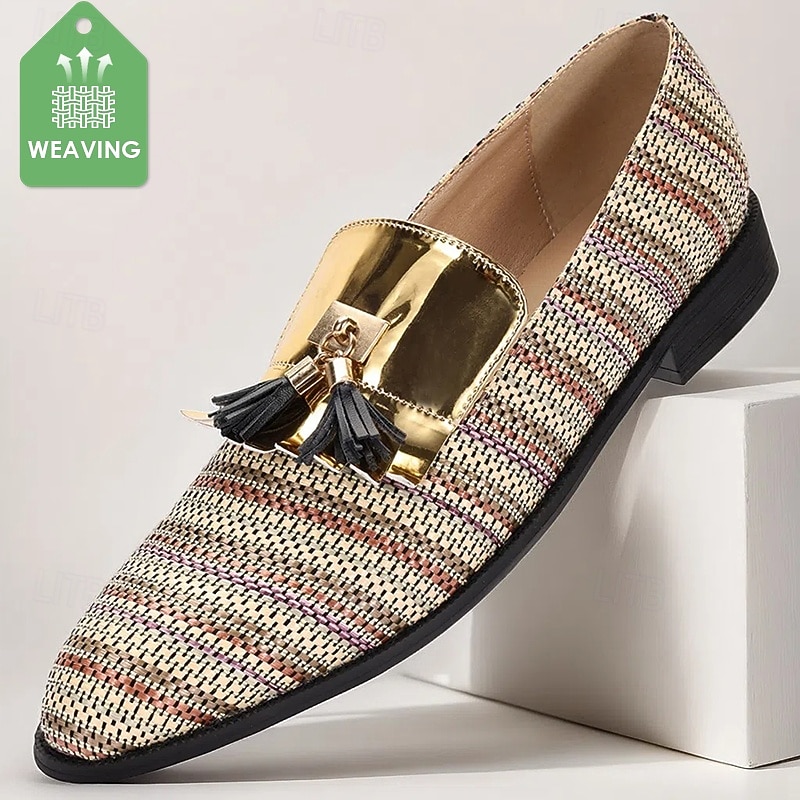 Men's Gold Buckle Slip-On Loafers with Breathable Woven Nylon Upper and Black Tassels Statement Shoes for Adults Perfect for Retro Events Cocktail Parties Stage Performances