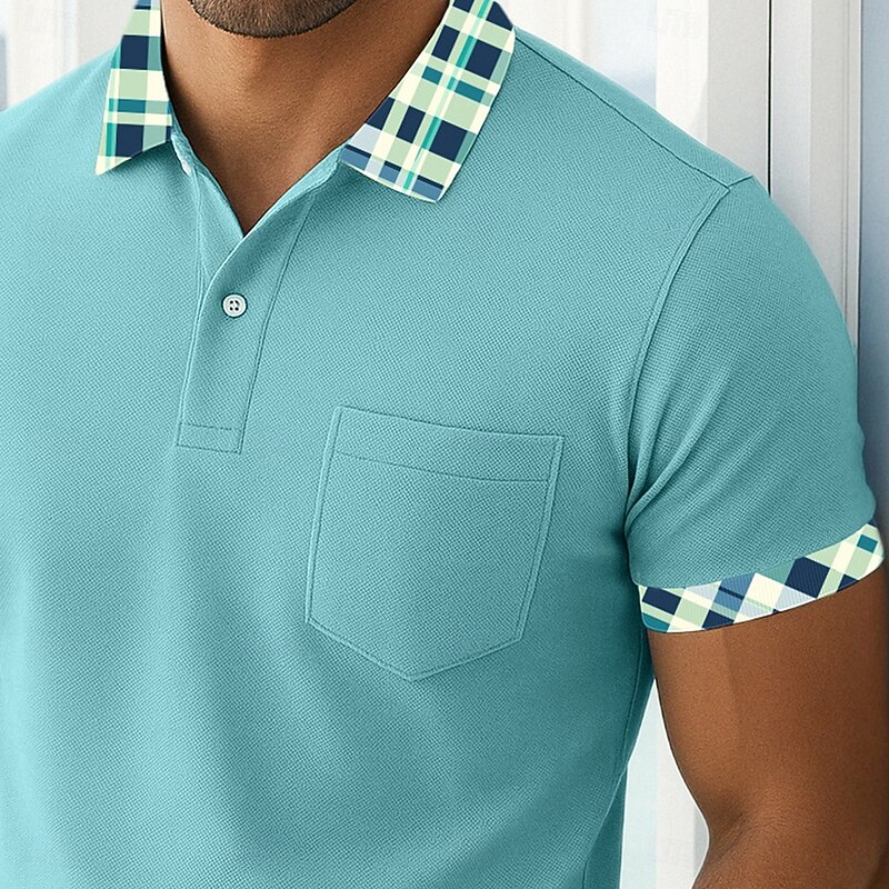 Men's Golf Shirt Pique Polo Shirt Business Casual Turndown Classic Short Sleeve Fashion Basic Solid Color Color Block Buttons Summer Spring &  Fall Regular Fit Turquoise Golf Shirt2
