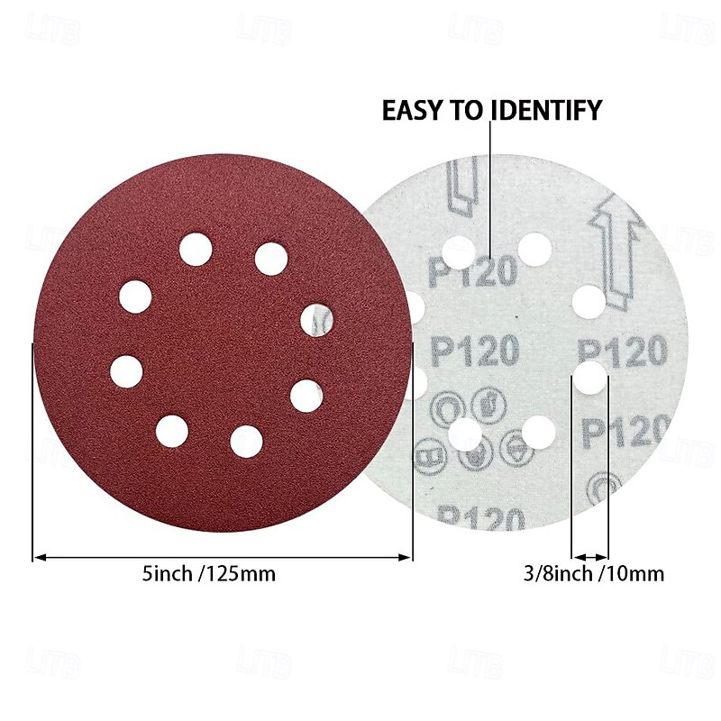 50 Pack 5 Inch 8-Hole Hook and Loop Sanding Discs Sandpaper Red Round 60-3000 Grit3