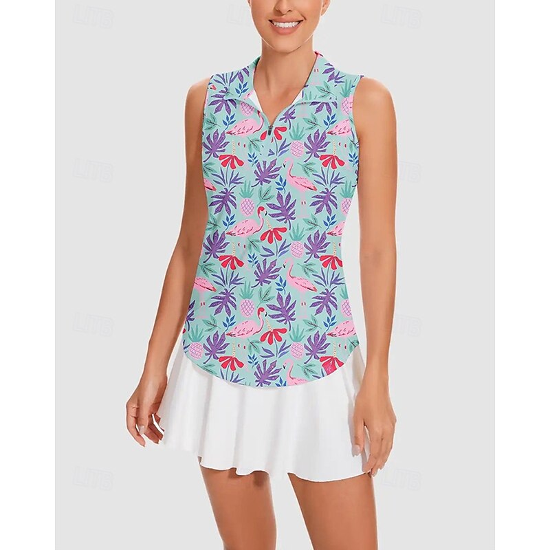 Women's Flamingos Tennis Shirt Sleeveless Print UPF50+ Quick Dry Tennis Golf Badminton Zip Collar Tee Tshirt Top Blue Tennis Clothing