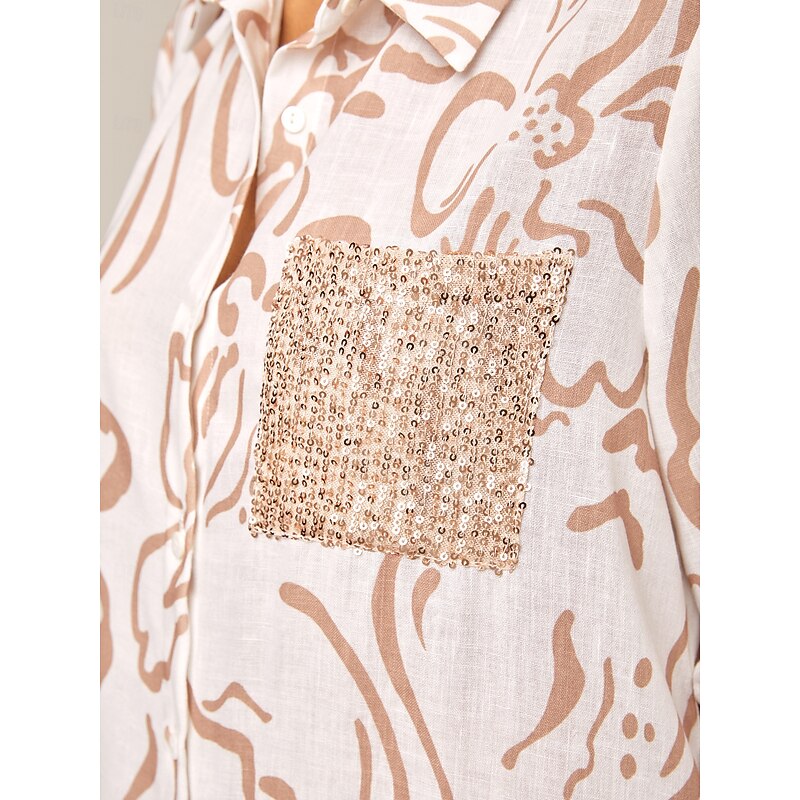Sequin Apricot Curve Pocket Roll Up Sleeve Maxi Shirt Dress3