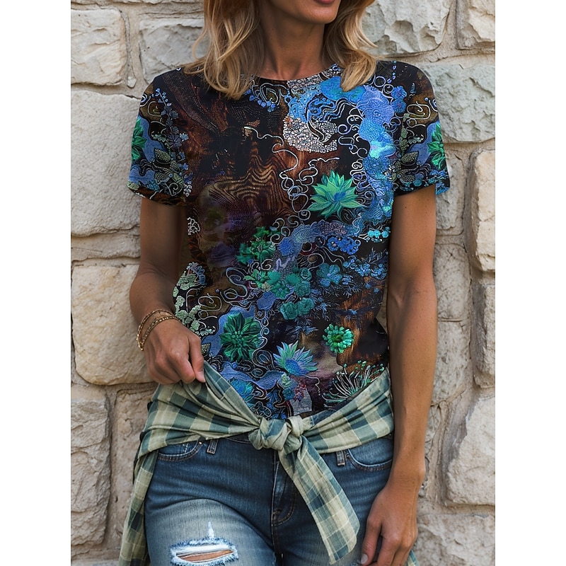 Women's T Shirt Floral Graphic Plants Bohemia Vintage Stylish Short Sleeve Crew Neck Round Neck Regular Tops Daily Going out Weekend Print Yellow Blue Purple Green Summer Spring4