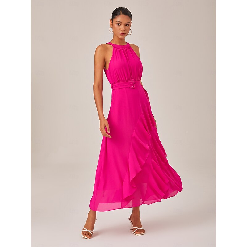 Women's Elegant Dress Rose Red Sleeveless Solid Color Ruffle Mismatched All Seasons Elegant Dress Wedding Party S M L