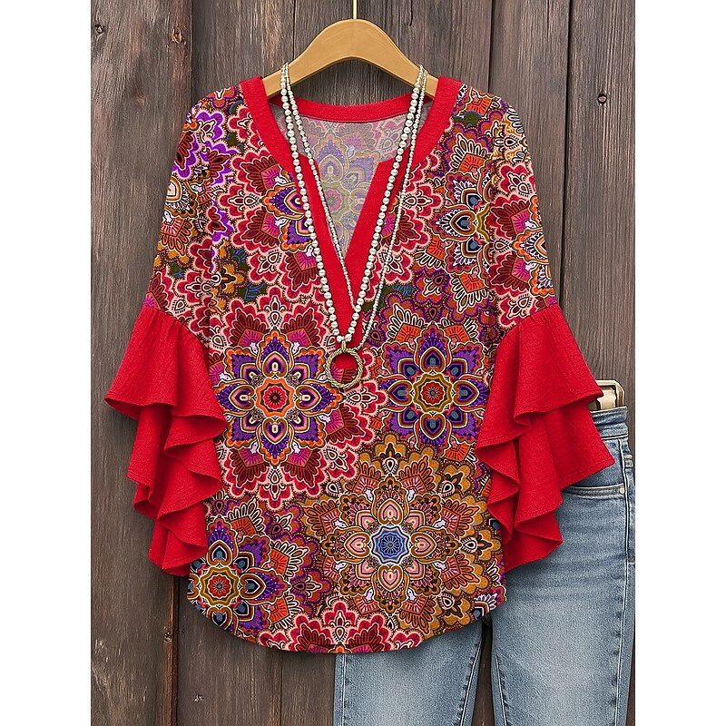 Women's Retro Blouse Layered Ruffle Sleeve Tops Vintage Graphic Geometric Vintage Daily Stylish 3/4 Length Sleeve Regular Tops Daily Holiday Vacation Wear Print Red Blue Purple Green Summer4