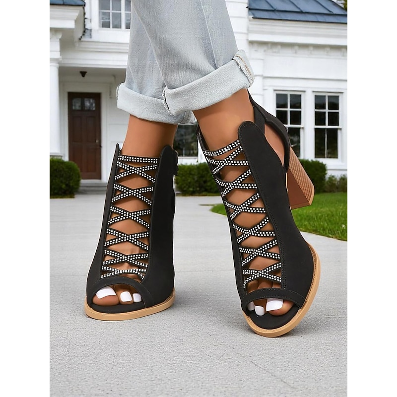 Women's Black Peep Toe Heeled Sandals with Rhinestone Lace-Up Design – Stylish Chunky Heel Shoes for Summer Parties, Daily Wear or Garden Events3