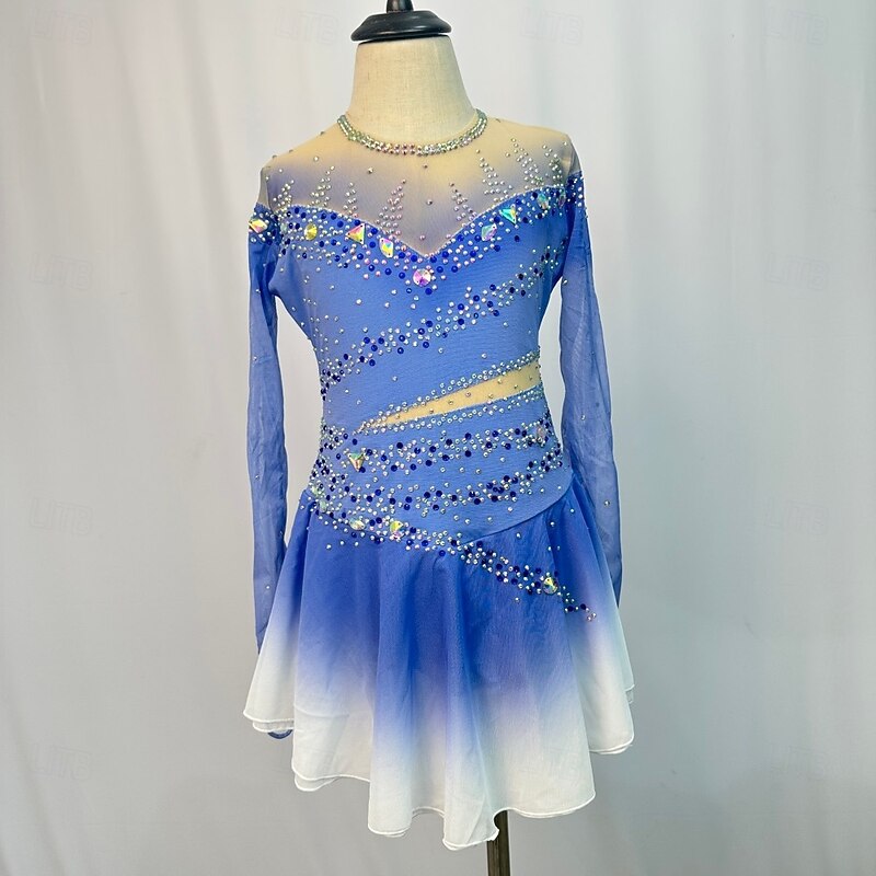 Figure Skating Dress Women's Girls' Ice Skating Dress BlueLight Blue Patchwork Thumbhole Stretchy Training Practice Professional Skating Wear Crystal / Rhinestone Long Sleeve Ice Skating Figure