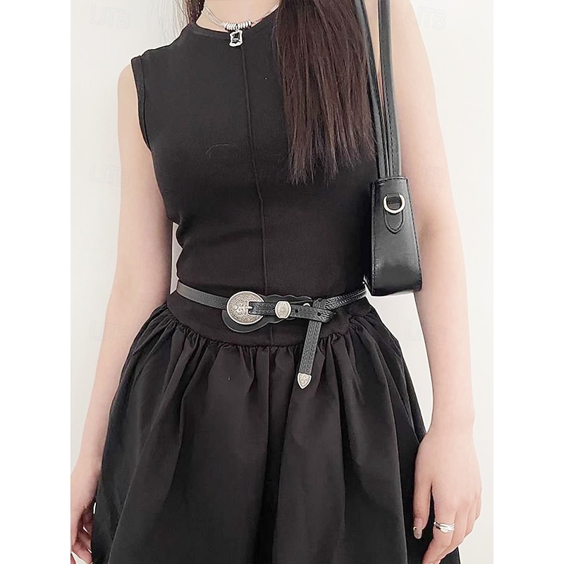 Women's Faux Leather Carved Western Waist Belt with Vintage Silver Buckle for Boho Dresses, Summer Concerts and Country Wedding Outfits