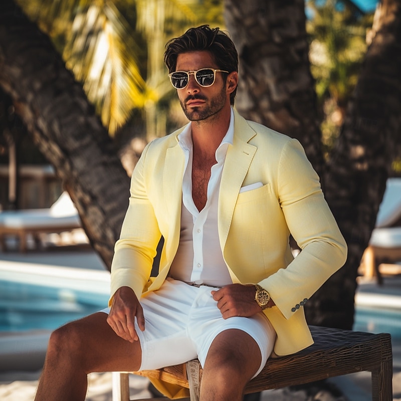 Men's Linen Blazer Sport Coat Summer Fashion Casual Solid Colored Blazer Yellow Standard Fit Single Breasted One-button2