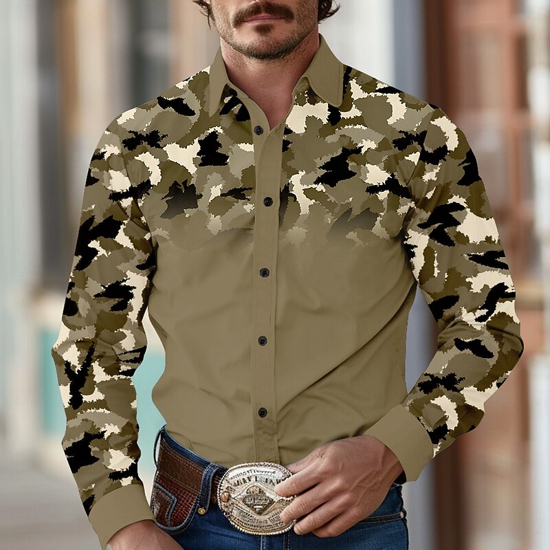 Men's Camouflage Western Shirt Long Sleeve Western Sports Outdoor Spring Fall Turndown Button Up Black White Brown Green