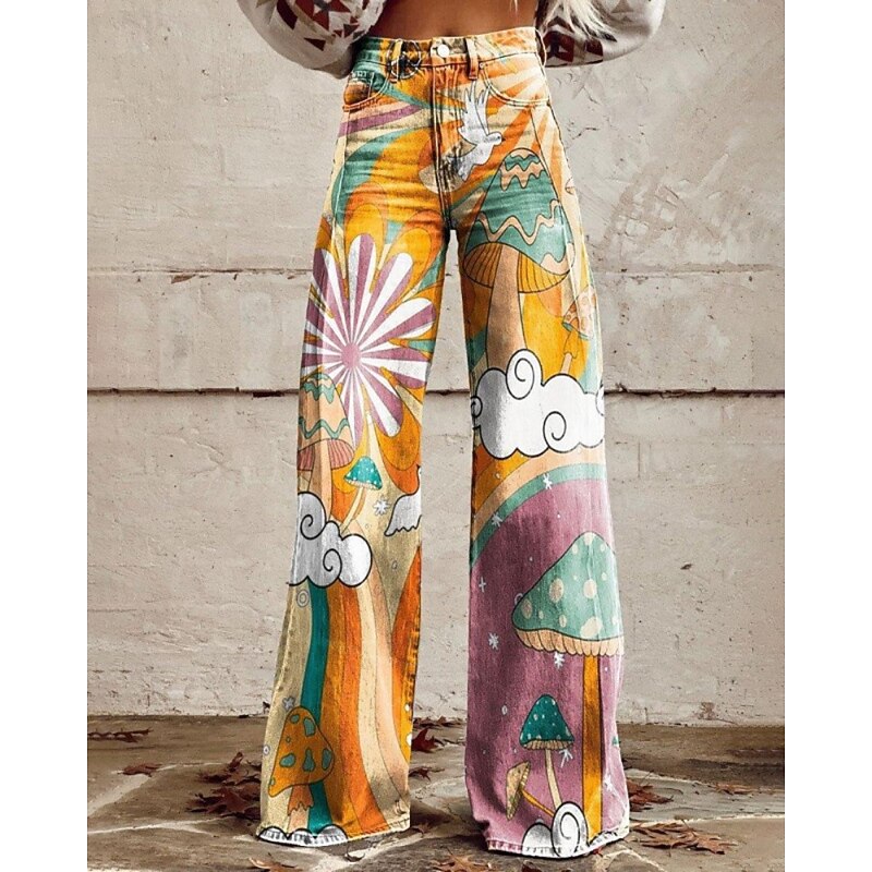 Women's Slacks Fashion Streetwear Full Length Natural Flower Pocket Printing Comfy Outdoor Comfortable Street Going out Yellow Summer Regular Fit