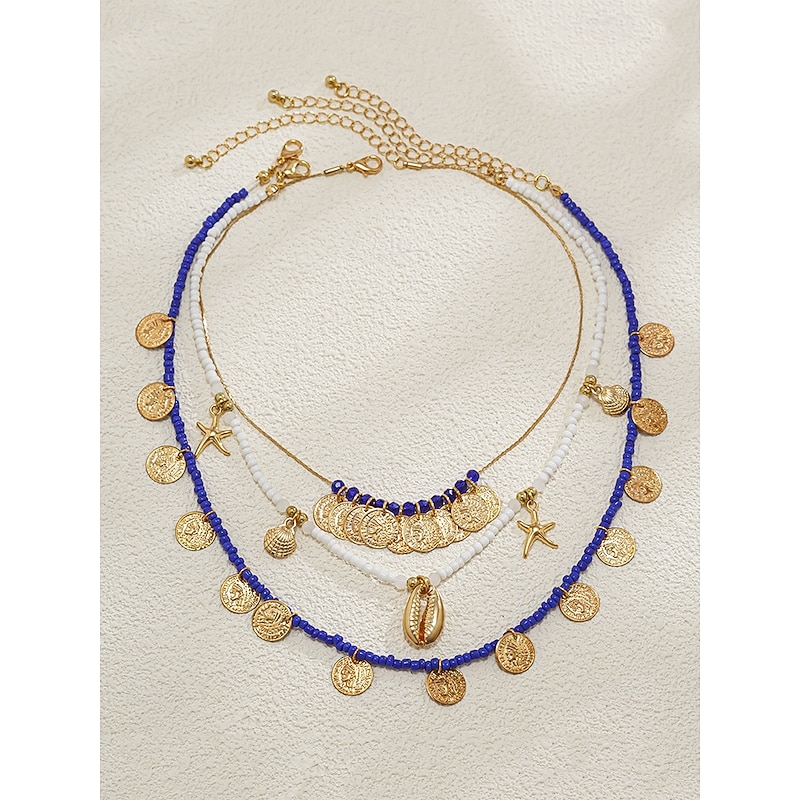 Gold and Blue Beaded Shell and Coin Charm Necklace Set for Women – Beach Boho Style Layered Necklaces with Starfish and Shell Accents for Summer and Vacation4