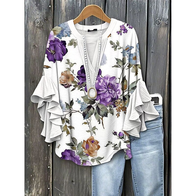 Women's Blouse V Neck Floral Graphic Striped Elegant Bohemia Ethnic 3/4 Length Sleeve Regular Tops Daily Holiday Vacation Wear Ruffle Print Sage Green Pink Purple Summer Spring Fall