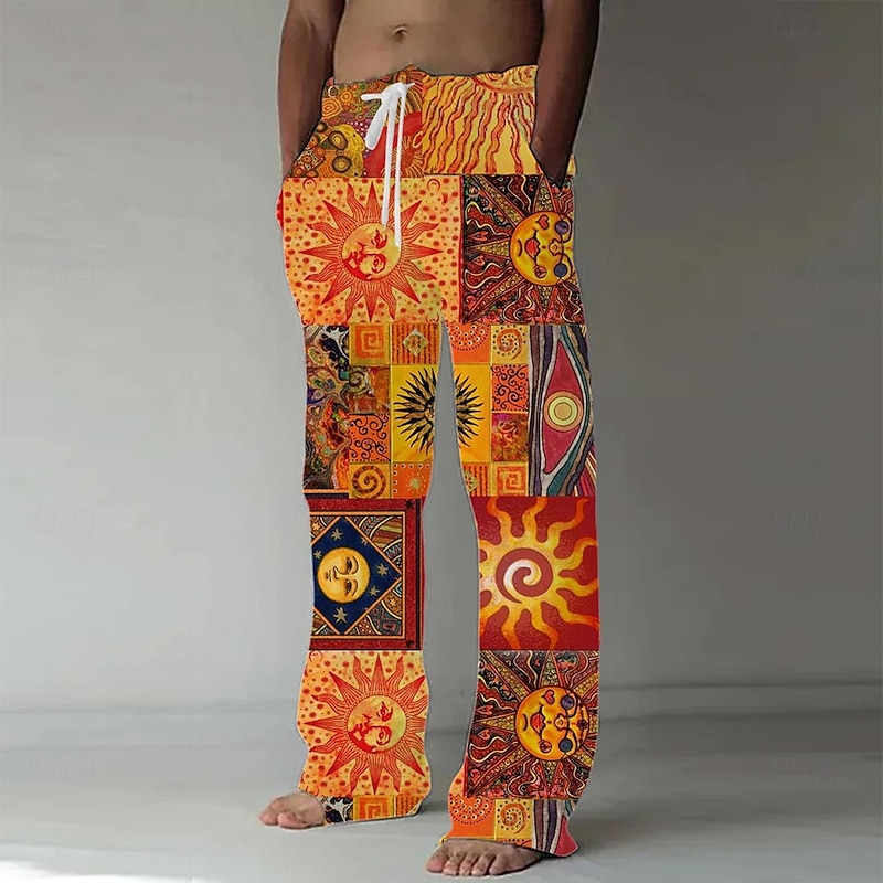 Men's Sun Ethnic Face Printed Trousers Baggy Pants Casual Pants Mid Waist Bohemian Boho Outdoor Vacation Side Pockets Wide Leg Elastic Drawstring Waist Summer Spring 3D Print Red Orange