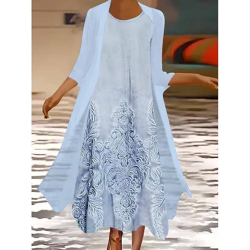 Women's Dress Set Summer Dress Vacation Casual Ombre Floral Print Maxi Dress 3/4 Length Sleeve Crew Neck Wedding Guest Birthday Black Sky Blue Dark Blue Summer Spring Regular Fit