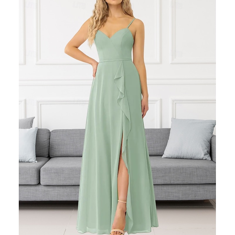 A-Line Bridesmaid Dress V Neck / Spaghetti Strap Sleeveless Elegant Floor Length Chiffon with Ruffles / Split Front / Ruching 2022