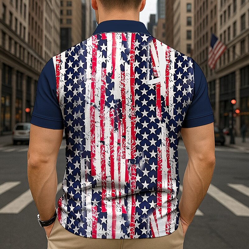 Independence Day Men's American US Flag Zip Polo Short Sleeve Turndown Casual / Sporty Sports & Outdoor Casual Daily 3D Print Summer Robin's Egg Blue2