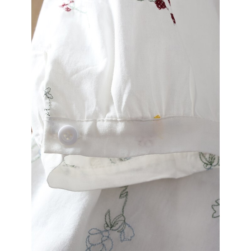 Women's Shirt Solid Color Floral Casual Boho 3/4 Length Sleeve Elbow Sleeve Shirt Collar Regular Tops Daily Going out Embroidered White Summer4
