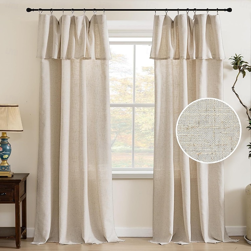 Faux Linen Curtains with Valance Farmhouse Privacy Window Curtain for Living Room Bedroom Ring/Rod Pocket Light Filtering Curtain Drapes 1 Panel2