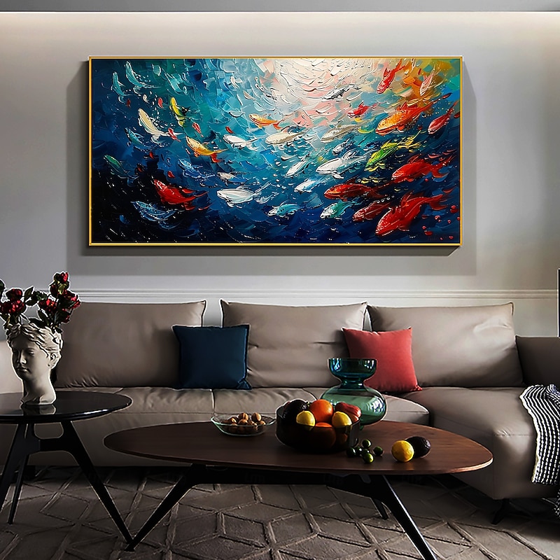 Handmade Original Colorful Fish Oil Painting On Canvas Abstract Fish School Wall Art for Home Decor With Stretched Frame Without Inner Frame Painting3