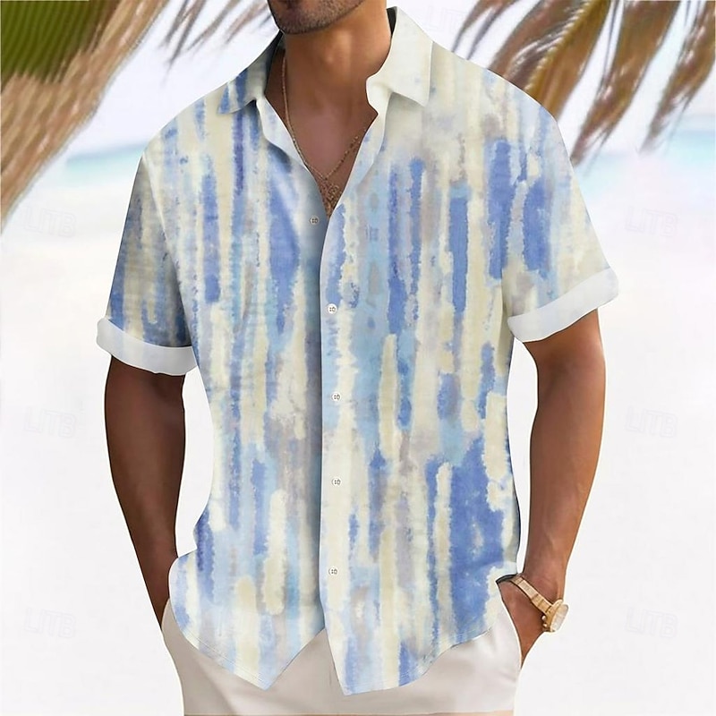 Men's Geometric Stripes Gradient Color Shirt Summer Shirt Button Up Shirt Short Sleeve Fashion Casual Outdoor Vacation Dailywear Summer Spring Turndown 3D Print Collared Shirts Apricot