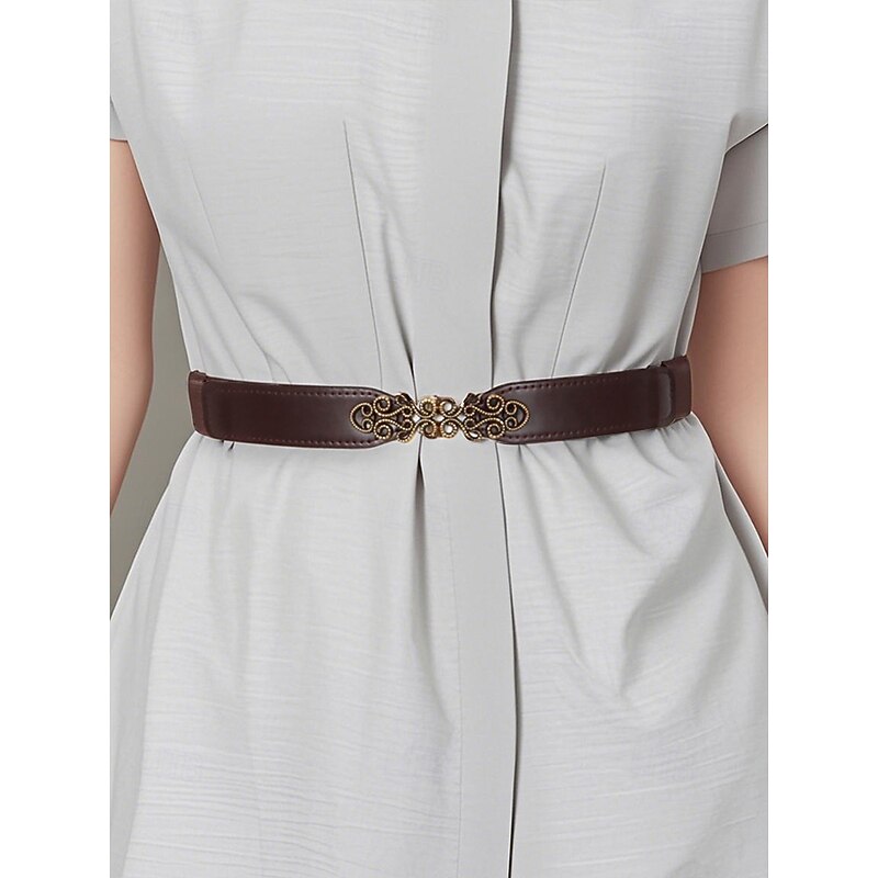 Women's Vintage Elastic Waist Belt with Bronze Scroll Buckle – Faux Leather Cinch Belt for Dresses and Blouses, Elegant Style for Daily Wear and Formal Occasions3
